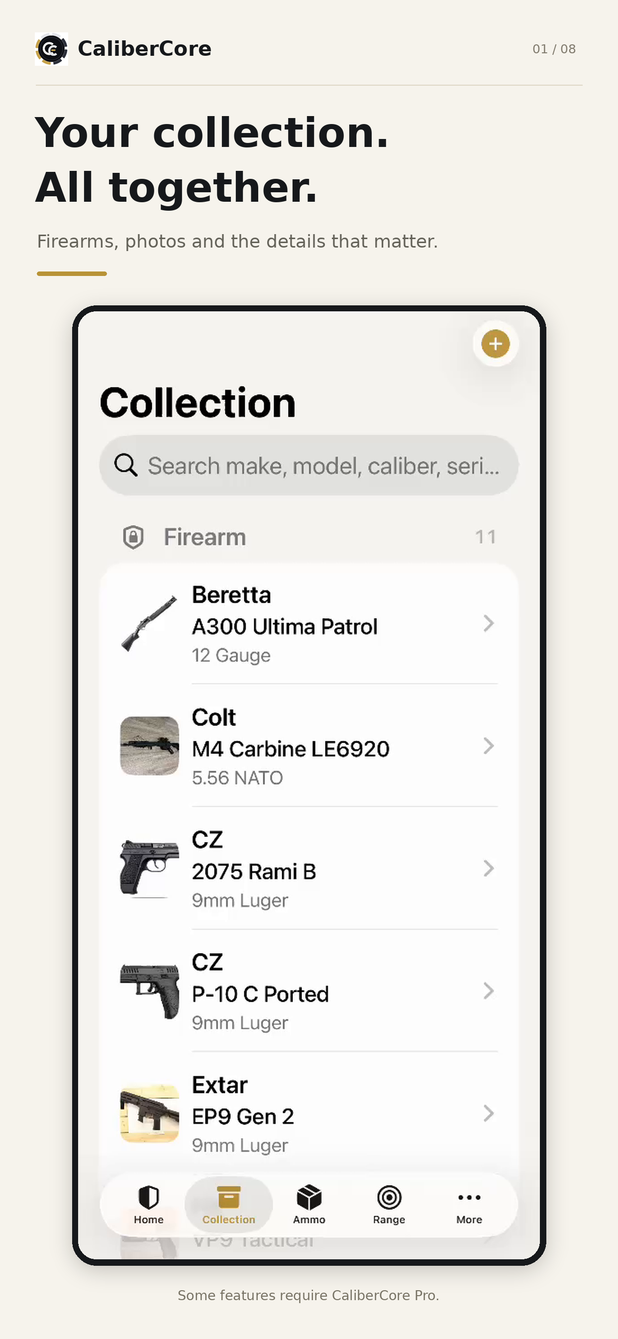 CaliberCore collection screen showing firearm photos, models and calibers.