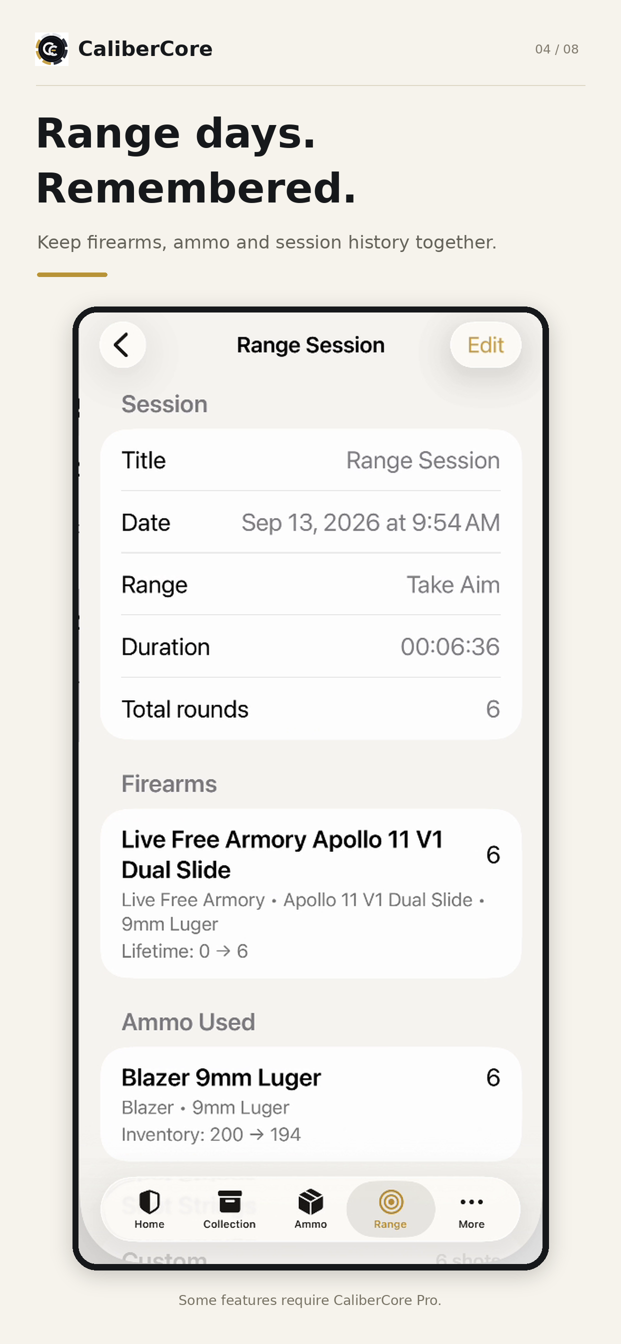 CaliberCore range-session screen with session details, firearm and ammunition used.